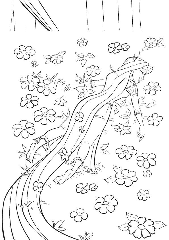 coloriage raiponce dans le champ de fleurs